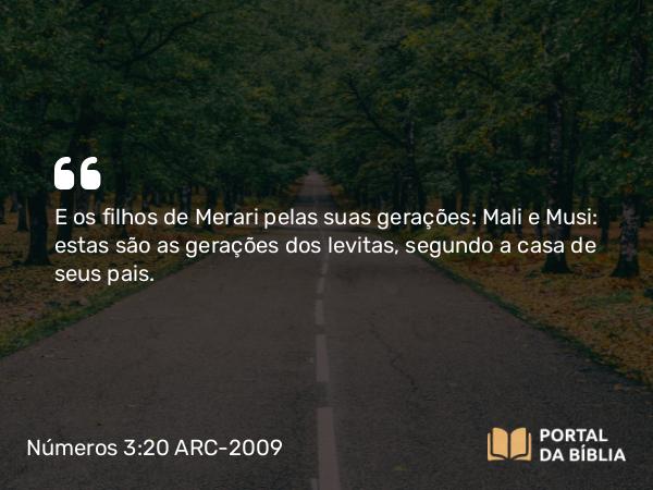 Números 3:20 ARC-2009 - E os filhos de Merari pelas suas gerações: Mali e Musi: estas são as gerações dos levitas, segundo a casa de seus pais.