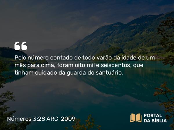 Números 3:28 ARC-2009 - Pelo número contado de todo varão da idade de um mês para cima, foram oito mil e seiscentos, que tinham cuidado da guarda do santuário.