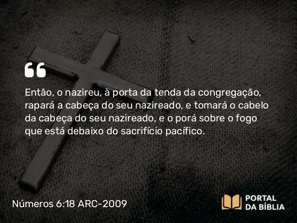 Números 6:18 ARC-2009 - Então, o nazireu, à porta da tenda da congregação, rapará a cabeça do seu nazireado, e tomará o cabelo da cabeça do seu nazireado, e o porá sobre o fogo que está debaixo do sacrifício pacífico.