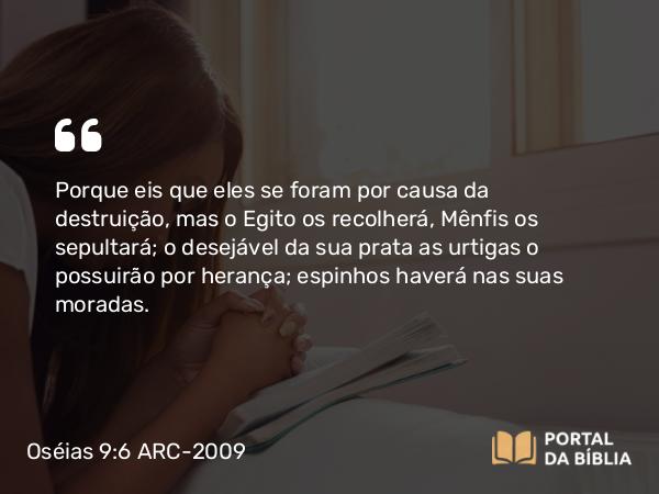 Oséias 9:6 ARC-2009 - Porque eis que eles se foram por causa da destruição, mas o Egito os recolherá, Mênfis os sepultará; o desejável da sua prata as urtigas o possuirão por herança; espinhos haverá nas suas moradas.