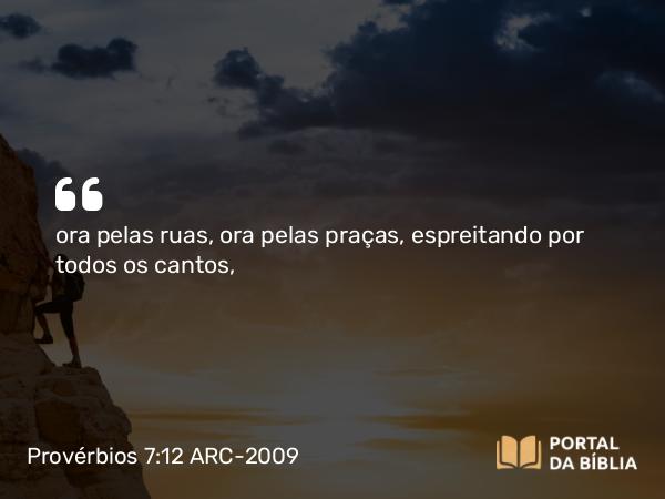 Provérbios 7:12 ARC-2009 - ora pelas ruas, ora pelas praças, espreitando por todos os cantos,