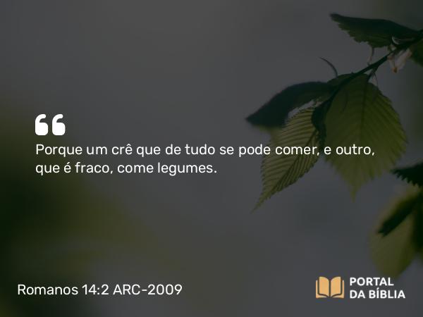 Romanos 14:2 ARC-2009 - Porque um crê que de tudo se pode comer, e outro, que é fraco, come legumes.