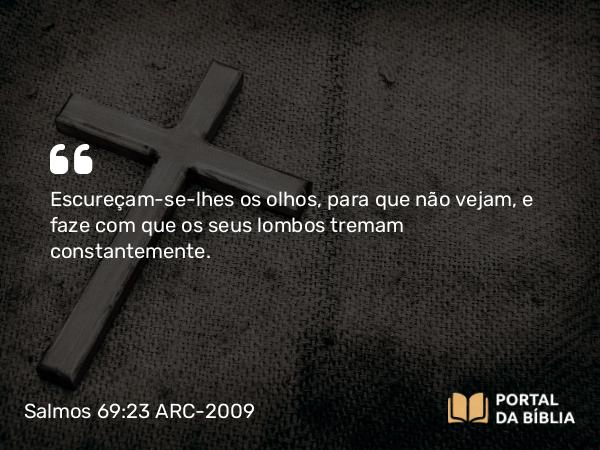 Salmos 69:23 ARC-2009 - Escureçam-se-lhes os olhos, para que não vejam, e faze com que os seus lombos tremam constantemente.