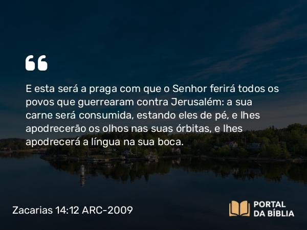 Zacarias 14:12 ARC-2009 - E esta será a praga com que o Senhor ferirá todos os povos que guerrearam contra Jerusalém: a sua carne será consumida, estando eles de pé, e lhes apodrecerão os olhos nas suas órbitas, e lhes apodrecerá a língua na sua boca.