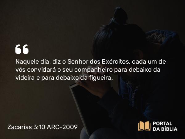 Zacarias 3:10 ARC-2009 - Naquele dia, diz o Senhor dos Exércitos, cada um de vós convidará o seu companheiro para debaixo da videira e para debaixo da figueira.