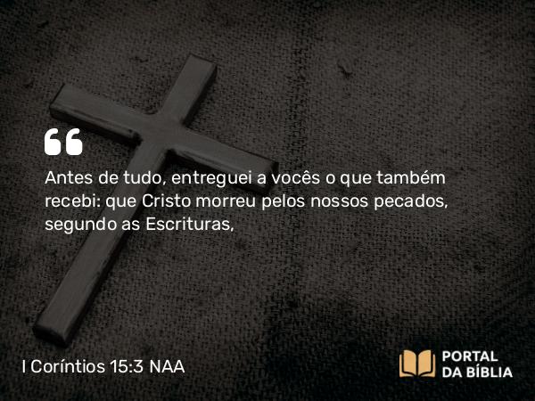 I Coríntios 15:3 NAA - Antes de tudo, entreguei a vocês o que também recebi: que Cristo morreu pelos nossos pecados, segundo as Escrituras,