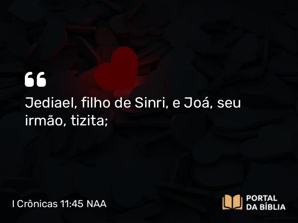 I Crônicas 11:45 NAA - Jediael, filho de Sinri, e Joá, seu irmão, tizita;