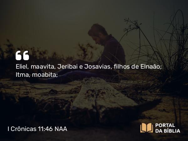 I Crônicas 11:46 NAA - Eliel, maavita, Jeribai e Josavias, filhos de Elnaão; Itma, moabita;