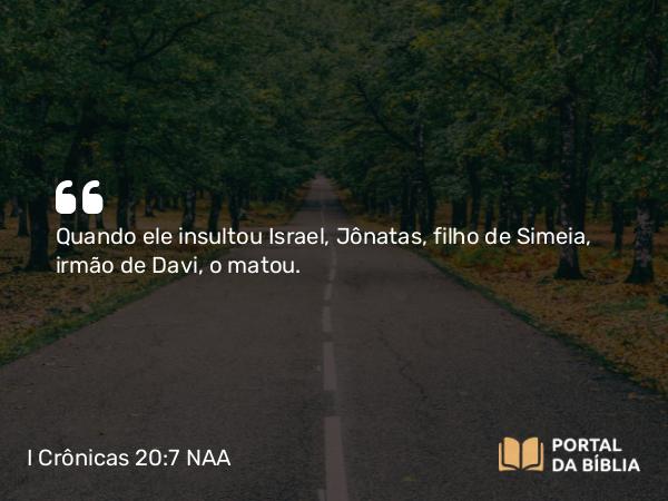 I Crônicas 20:7 NAA - Quando ele insultou Israel, Jônatas, filho de Simeia, irmão de Davi, o matou.