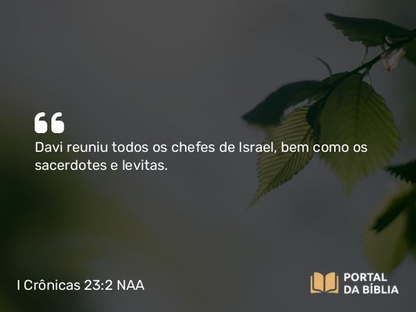 I Crônicas 23:2 NAA - Davi reuniu todos os chefes de Israel, bem como os sacerdotes e levitas.