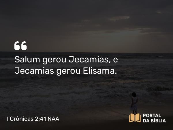 I Crônicas 2:41 NAA - Salum gerou Jecamias, e Jecamias gerou Elisama.