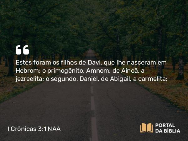 I Crônicas 3:1-4 NAA - Estes foram os filhos de Davi, que lhe nasceram em Hebrom: o primogênito, Amnom, de Ainoã, a jezreelita; o segundo, Daniel, de Abigail, a carmelita;