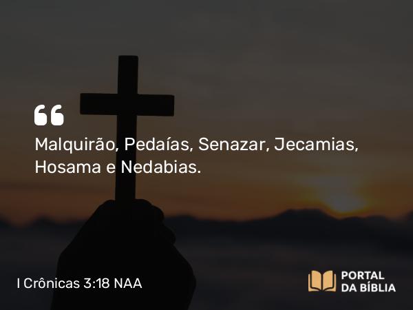 I Crônicas 3:18 NAA - Malquirão, Pedaías, Senazar, Jecamias, Hosama e Nedabias.