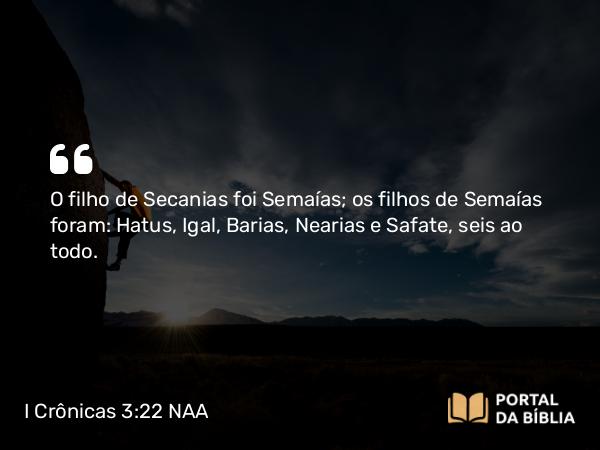 I Crônicas 3:22 NAA - O filho de Secanias foi Semaías; os filhos de Semaías foram: Hatus, Igal, Barias, Nearias e Safate, seis ao todo.