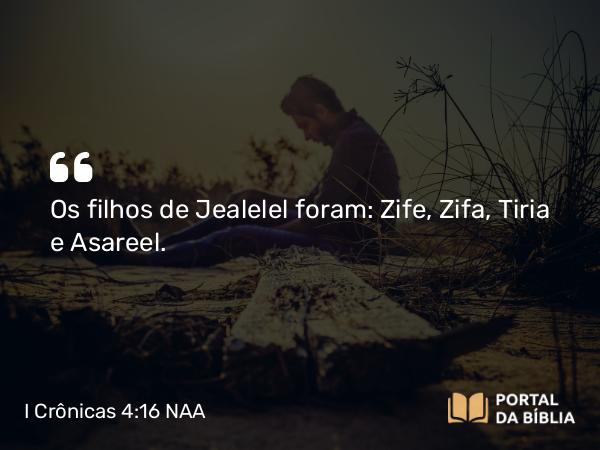 I Crônicas 4:16 NAA - Os filhos de Jealelel foram: Zife, Zifa, Tiria e Asareel.