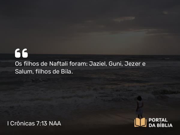 I Crônicas 7:13 NAA - Os filhos de Naftali foram: Jaziel, Guni, Jezer e Salum, filhos de Bila.