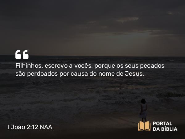 I João 2:12 NAA - Filhinhos, escrevo a vocês, porque os seus pecados são perdoados por causa do nome de Jesus.