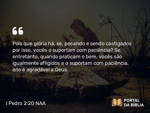 I Pedro 2:20-21 NAA - Pois que glória há, se, pecando e sendo castigados por isso, vocês o suportam com paciência? Se, entretanto, quando praticam o bem, vocês são igualmente afligidos e o suportam com paciência, isto é agradável a Deus.