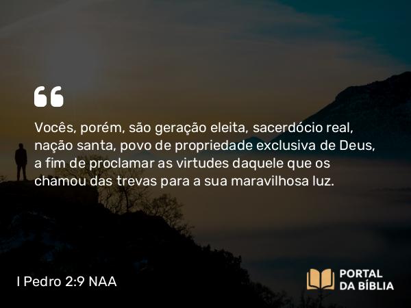 I Pedro 2:9 NAA - Vocês, porém, são geração eleita, sacerdócio real, nação santa, povo de propriedade exclusiva de Deus, a fim de proclamar as virtudes daquele que os chamou das trevas para a sua maravilhosa luz.