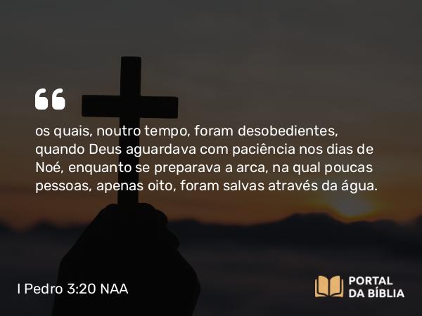 I Pedro 3:20 NAA - os quais, noutro tempo, foram desobedientes, quando Deus aguardava com paciência nos dias de Noé, enquanto se preparava a arca, na qual poucas pessoas, apenas oito, foram salvas através da água.