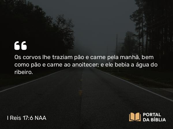 I Reis 17:6 NAA - Os corvos lhe traziam pão e carne pela manhã, bem como pão e carne ao anoitecer; e ele bebia a água do ribeiro.