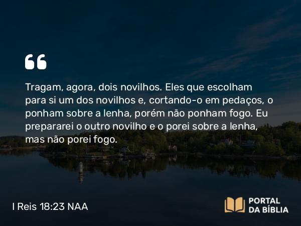 I Reis 18:23 NAA - Tragam, agora, dois novilhos. Eles que escolham para si um dos novilhos e, cortando-o em pedaços, o ponham sobre a lenha, porém não ponham fogo. Eu prepararei o outro novilho e o porei sobre a lenha, mas não porei fogo.