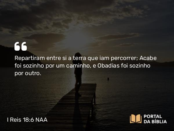 I Reis 18:6 NAA - Repartiram entre si a terra que iam percorrer; Acabe foi sozinho por um caminho, e Obadias foi sozinho por outro.