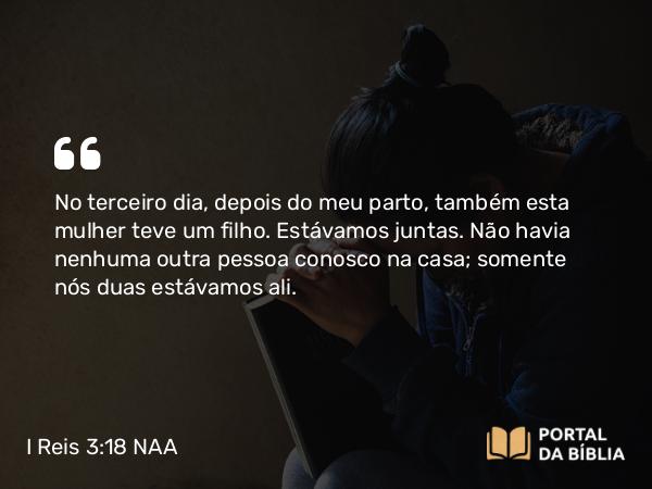 I Reis 3:18 NAA - No terceiro dia, depois do meu parto, também esta mulher teve um filho. Estávamos juntas. Não havia nenhuma outra pessoa conosco na casa; somente nós duas estávamos ali.