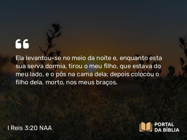 I Reis 3:20 NAA - Ela levantou-se no meio da noite e, enquanto esta sua serva dormia, tirou o meu filho, que estava do meu lado, e o pôs na cama dela; depois colocou o filho dela, morto, nos meus braços.