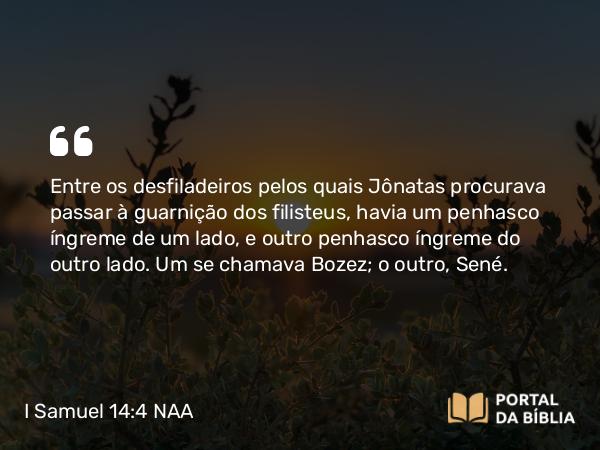 I Samuel 14:4 NAA - Entre os desfiladeiros pelos quais Jônatas procurava passar à guarnição dos filisteus, havia um penhasco íngreme de um lado, e outro penhasco íngreme do outro lado. Um se chamava Bozez; o outro, Sené.