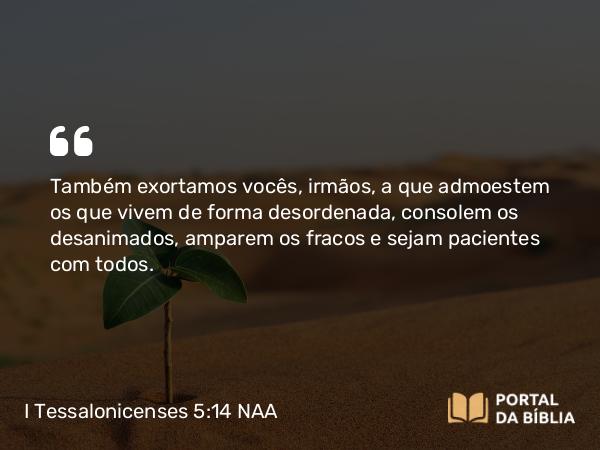 I Tessalonicenses 5:14 NAA - Também exortamos vocês, irmãos, a que admoestem os que vivem de forma desordenada, consolem os desanimados, amparem os fracos e sejam pacientes com todos.