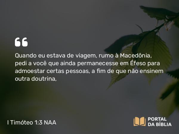 I Timóteo 1:3 NAA - Quando eu estava de viagem, rumo à Macedônia, pedi a você que ainda permanecesse em Éfeso para admoestar certas pessoas, a fim de que não ensinem outra doutrina,