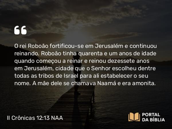 II Crônicas 12:13 NAA - O rei Roboão fortificou-se em Jerusalém e continuou reinando. Roboão tinha quarenta e um anos de idade quando começou a reinar e reinou dezessete anos em Jerusalém, cidade que o Senhor escolheu dentre todas as tribos de Israel para ali estabelecer o seu nome. A mãe dele se chamava Naamá e era amonita.
