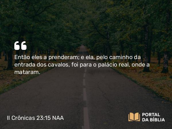 II Crônicas 23:15 NAA - Então eles a prenderam; e ela, pelo caminho da entrada dos cavalos, foi para o palácio real, onde a mataram.