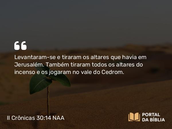 II Crônicas 30:14 NAA - Levantaram-se e tiraram os altares que havia em Jerusalém. Também tiraram todos os altares do incenso e os jogaram no vale do Cedrom.