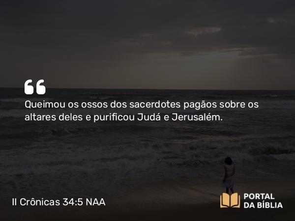 II Crônicas 34:5 NAA - Queimou os ossos dos sacerdotes pagãos sobre os altares deles e purificou Judá e Jerusalém.