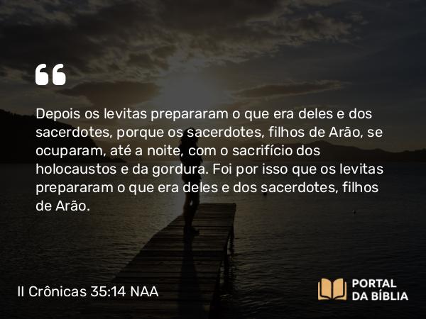 II Crônicas 35:14 NAA - Depois os levitas prepararam o que era deles e dos sacerdotes, porque os sacerdotes, filhos de Arão, se ocuparam, até a noite, com o sacrifício dos holocaustos e da gordura. Foi por isso que os levitas prepararam o que era deles e dos sacerdotes, filhos de Arão.