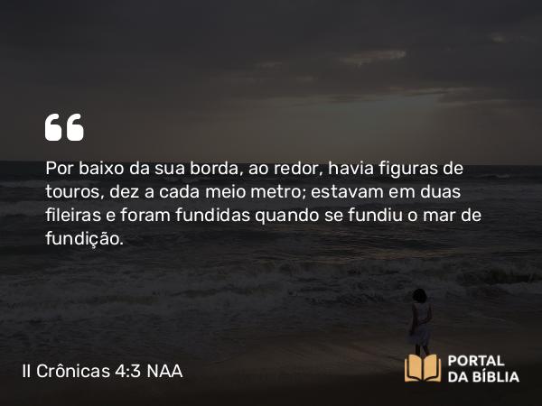 II Crônicas 4:3-5 NAA - Por baixo da sua borda, ao redor, havia figuras de touros, dez a cada meio metro; estavam em duas fileiras e foram fundidas quando se fundiu o mar de fundição.