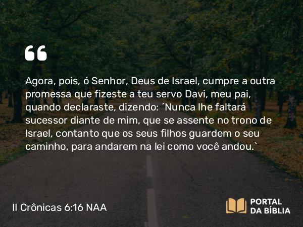 II Crônicas 6:16 NAA - Agora, pois, ó Senhor, Deus de Israel, cumpre a outra promessa que fizeste a teu servo Davi, meu pai, quando declaraste, dizendo: 