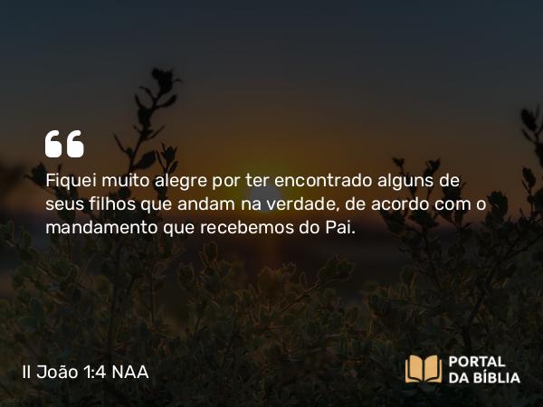 II João 1:4 NAA - Fiquei muito alegre por ter encontrado alguns de seus filhos que andam na verdade, de acordo com o mandamento que recebemos do Pai.