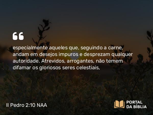 II Pedro 2:10 NAA - especialmente aqueles que, seguindo a carne, andam em desejos impuros e desprezam qualquer autoridade. Atrevidos, arrogantes, não temem difamar os gloriosos seres celestiais,