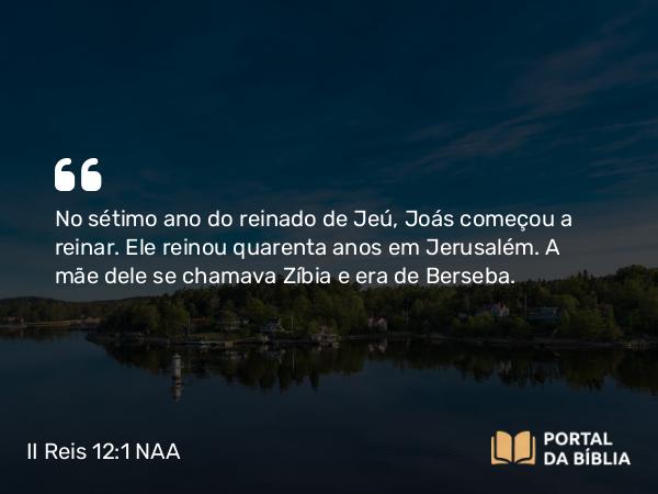 II Reis 12:1 NAA - No sétimo ano do reinado de Jeú, Joás começou a reinar. Ele reinou quarenta anos em Jerusalém. A mãe dele se chamava Zíbia e era de Berseba.