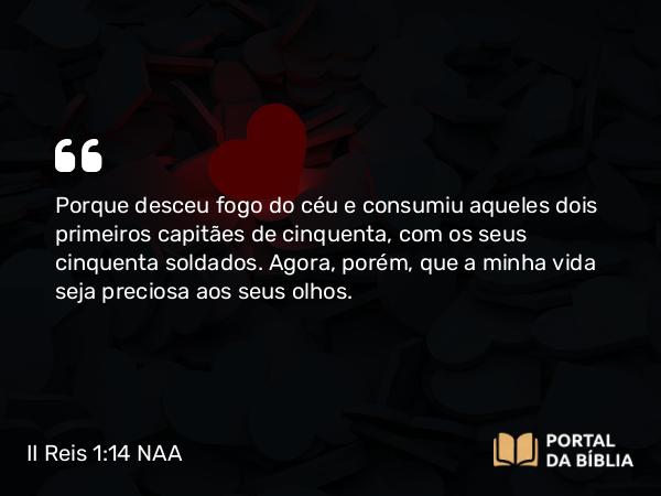 II Reis 1:14 NAA - Porque desceu fogo do céu e consumiu aqueles dois primeiros capitães de cinquenta, com os seus cinquenta soldados. Agora, porém, que a minha vida seja preciosa aos seus olhos.