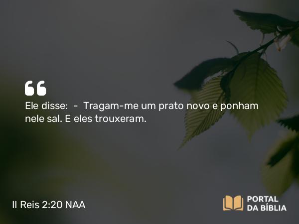 II Reis 2:20 NAA - Ele disse: — Tragam-me um prato novo e ponham nele sal. E eles trouxeram.