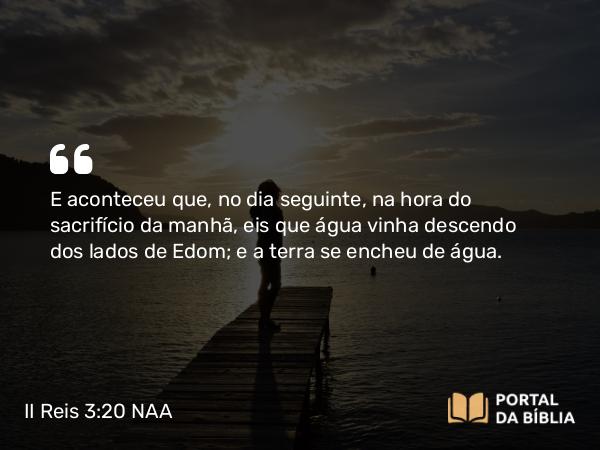 II Reis 3:20 NAA - E aconteceu que, no dia seguinte, na hora do sacrifício da manhã, eis que água vinha descendo dos lados de Edom; e a terra se encheu de água.