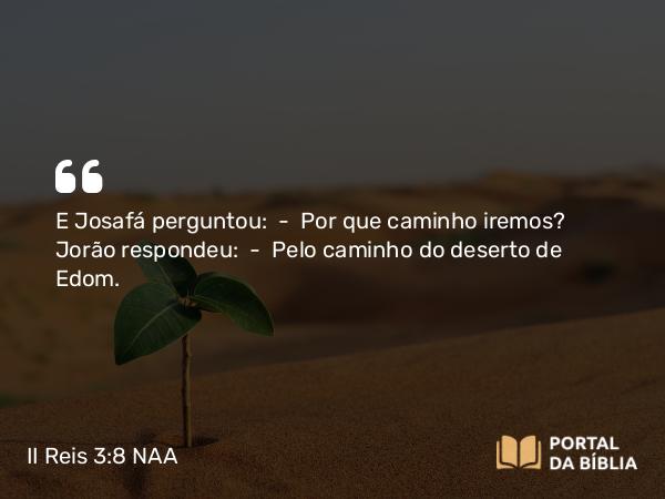 II Reis 3:8 NAA - E Josafá perguntou: — Por que caminho iremos? Jorão respondeu: — Pelo caminho do deserto de Edom.