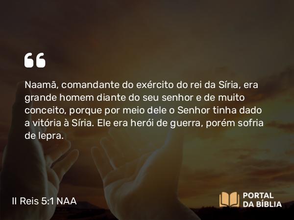 II Reis 5:1-14 NAA - Naamã, comandante do exército do rei da Síria, era grande homem diante do seu senhor e de muito conceito, porque por meio dele o Senhor tinha dado a vitória à Síria. Ele era herói de guerra, porém sofria de lepra.