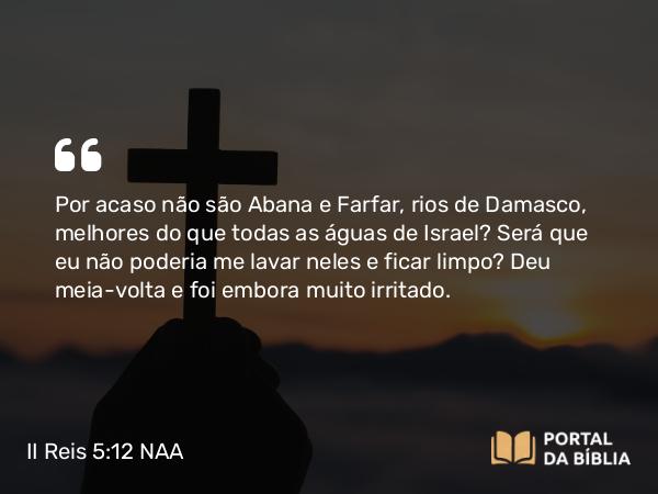 II Reis 5:12 NAA - Por acaso não são Abana e Farfar, rios de Damasco, melhores do que todas as águas de Israel? Será que eu não poderia me lavar neles e ficar limpo? Deu meia-volta e foi embora muito irritado.