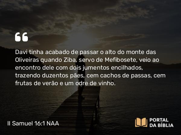 II Samuel 16:1-4 NAA - Davi tinha acabado de passar o alto do monte das Oliveiras quando Ziba, servo de Mefibosete, veio ao encontro dele com dois jumentos encilhados, trazendo duzentos pães, cem cachos de passas, cem frutas de verão e um odre de vinho.