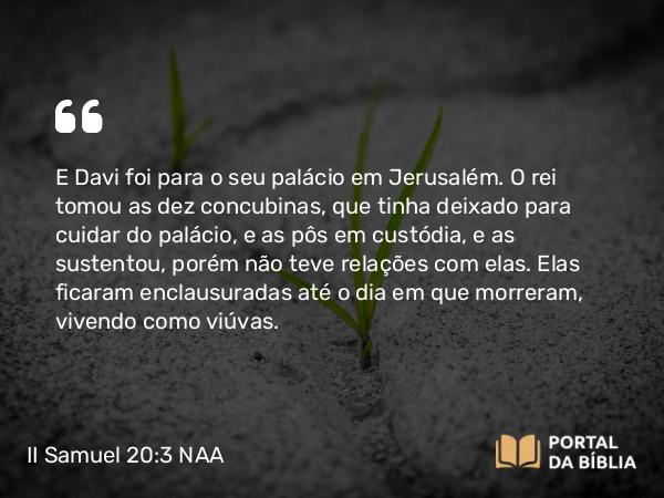 II Samuel 20:3 NAA - E Davi foi para o seu palácio em Jerusalém. O rei tomou as dez concubinas, que tinha deixado para cuidar do palácio, e as pôs em custódia, e as sustentou, porém não teve relações com elas. Elas ficaram enclausuradas até o dia em que morreram, vivendo como viúvas.